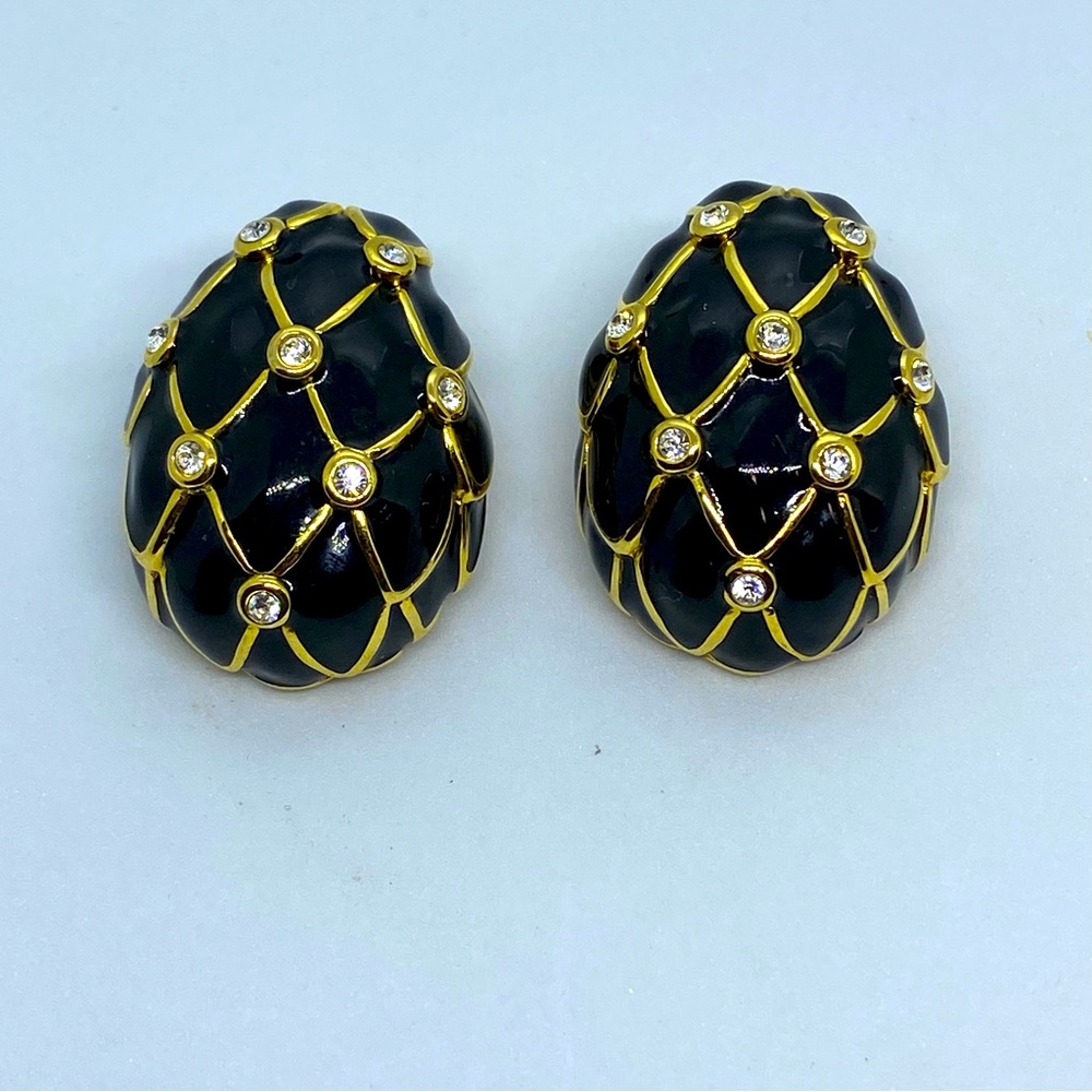 Nolan Miller Vtg large Black Enamel with Gold and Crystal Accents Ea…